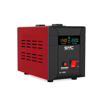 Стабилизатор SVC R-1500 Стабилизатор (AVR), SVC, R-1500, 1500ВА/1500Вт, Диапазон работы AVR: 140-260В, Выходное напряжение: 220В +/-7%, Задержка включения, выход 2 шт Shсuko, LCD-дисплей, Защита: от перегрузки, короткого замыкания, повышенной температуры, Чёрно-красный