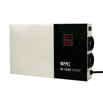 Стабилизатор SVC W-1500 Стабилизатор (AVR), SVC, W-1500, Мощность 1500ВА/1500Вт, LED-дисплей, Диапазон работы AVR: 140-260В, Вых.: 220В+/-7%, 2 х Shcuko, Кабель питания: 1,35м, Габариты: 320*200*65, Черно-белый