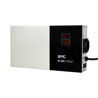 Стабилизатор SVC W-500 Стабилизатор (AVR), SVC, W-500, Мощность 500ВА/500Вт, LED-дисплей, Диапазон работы AVR: 140-260В, Вых.: 220В+/-7%, 1 х Shcuko, Кабель питания: 1,35м, Габариты: 290*160*65, Черно-белый