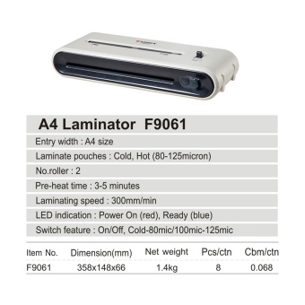 Ламинатор COMIX F9061 А4, 2 вала, 80-125 мкм, 30 см/мин. Ламинатор А4, COMIX, F9061, 2 вала, 80-125 мкм, 30 см/мин., Серый