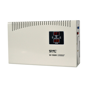 Стабилизатор SVC W-10000 Стабилизатор (AVR), SVC, W-10000, 10000ВА/6000Вт, Диапазон работы AVR: 140-260В, Выходное напряжение: 220В +/-8%, Задержка включения, Клеммная колодка, LCD-дисплей, Защита: от перегрузки, короткого замыкания, повышенной температуры, Белый