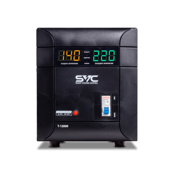 Стабилизатор SVC T-12000 Стабилизатор (AVR), SVC, T-12000, 12000ВА/7500Вт, Диапазон работы AVR: 140-260В, Выходное напряжение: 220В +/-8%, Задержка включения, Клеммная колодка, LCD-дисплей, Защита: от перегрузки, короткого замыкания, повышенной температуры, Чёрно-красный