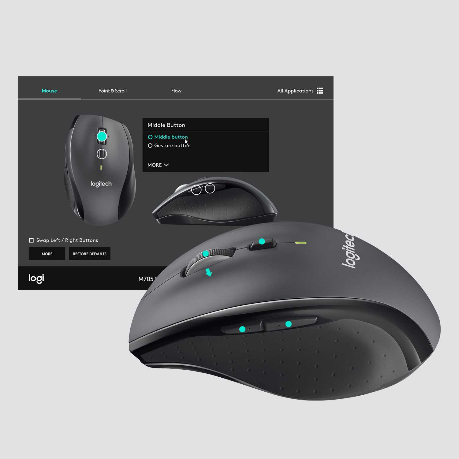 Мышь беспроводная Logitech M705 Marathon (1000dpi, 2.4 GHz/USB-ресивер (Logitech Unifying®), 7 кнопок, 2 батареи типа AA) (M/N: M-R0073 / C-U0007)