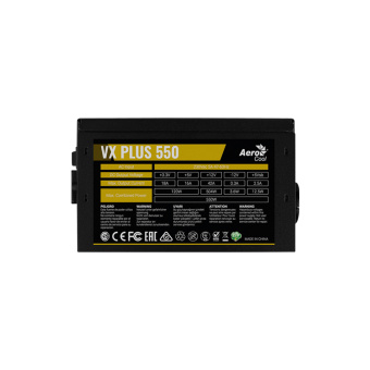 Блок питания Aerocool VX PLUS 550 Блок питания, Aerocool, VX PLUS 550, 550W, ATX, None-PFC, 20+4pin, 4+4pin, 3*Sata, 3*Molex, 1*FDD, 1*PCI-E 6+2pin, Вентилятор 12см, Кабель питания, Чёрный