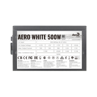 Блок питания Aerocool AERO WHITE 500W Блок питания, Aerocool, AERO WHITE 500W, 500W, ATX, APFC, 20+4pin, 4+4pin, 5*Sata, 3*Molex, 2*PCI-E 6+2pin, Вентилятор 12см, Кабель питания, Чёрный
