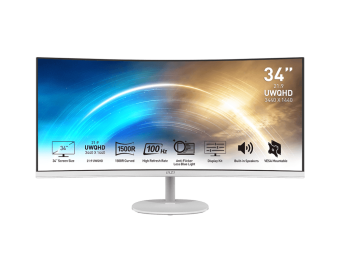 Монитор 34" MSI PRO MP341CQW VA 3440x1440 100Hz 1ms 3000:1 1500R 2xHDMI 1xDP 2x2W White Бизнес 4K Монитор 34" MSI PRO MP341CQW, VA 3440x1440 UWQHD, 100Hz, 4ms (GTG Min.) / 1ms MPRT, 3000:1, Curved 1500R, Угол Обзора 178/178, 21:9, VESA 100x100, 2xHDMI, 1xDP, 1xHeadphone-out, Колонки 2x2W, Наклон -3.5°/21.