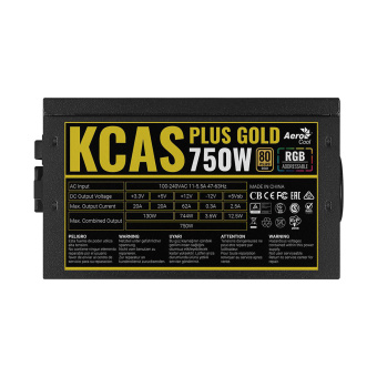 Блок питания Aerocool KCAS PLUS GOLD 750W RGB Блок питания, Aerocool, KCAS PLUS GOLD 750W RGB, 750W, ATX, Gold, APFC, 20+4pin, 2*4+4pin, 8*Sata, 4*Molex, 3*PCI-E 6+2pin, Вентилятор 12 см, Кабель питания, Чёрный