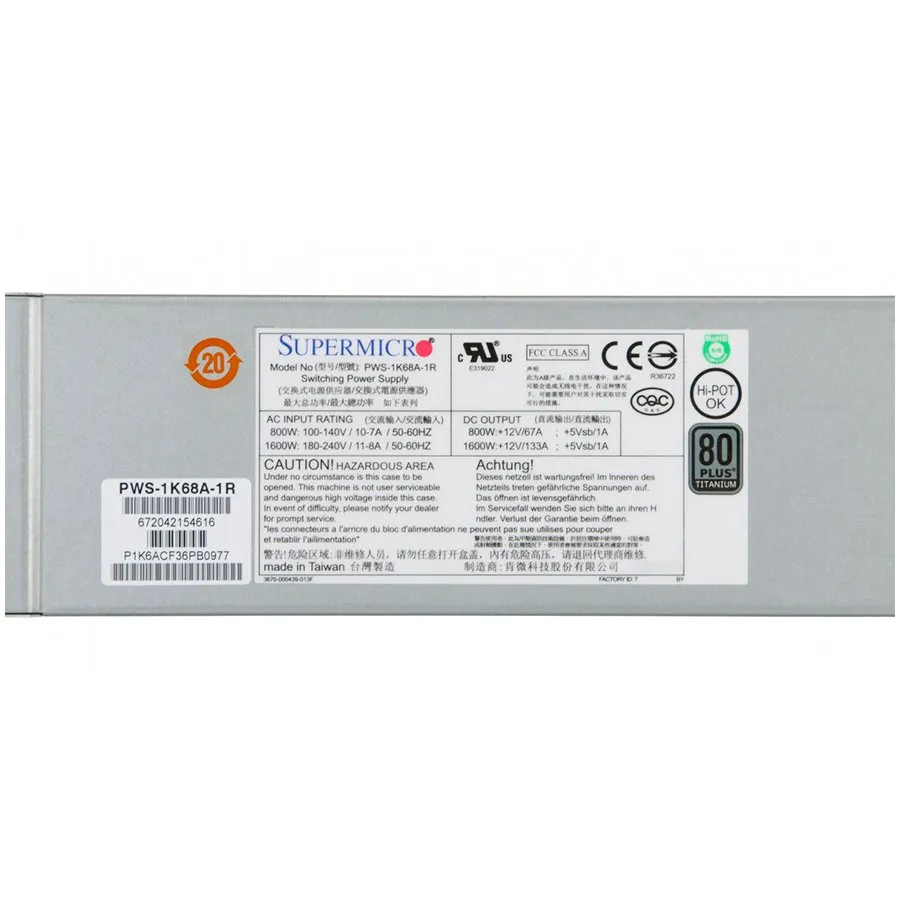 Supermicro 1600W 1U Redundant Power Supply (PWS-1K68A-1R)